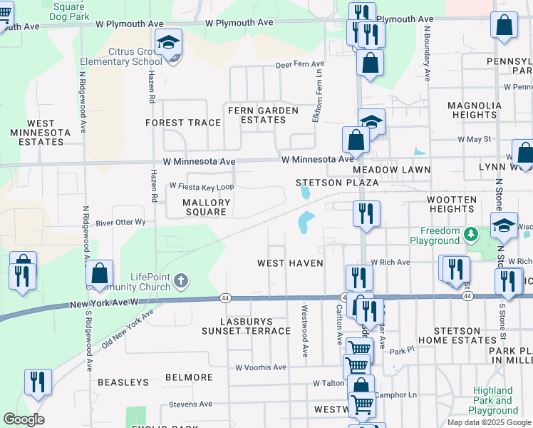 map of restaurants, bars, coffee shops, grocery stores, and more near 288 East Fiesta Key Loop in DeLand