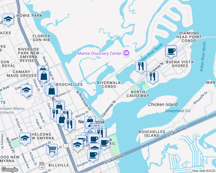 map of restaurants, bars, coffee shops, grocery stores, and more near 48 Jacaranda Cay Court in New Smyrna Beach