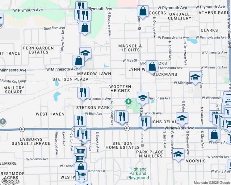map of restaurants, bars, coffee shops, grocery stores, and more near 820 West Ohio Avenue in DeLand