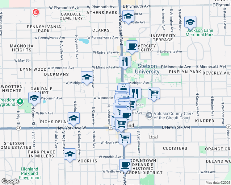 map of restaurants, bars, coffee shops, grocery stores, and more near 126 West Ohio Avenue in DeLand