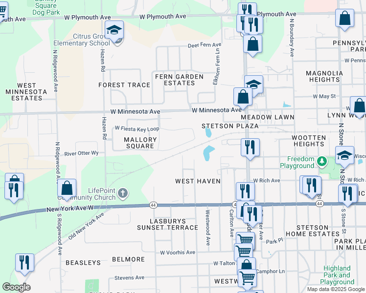 map of restaurants, bars, coffee shops, grocery stores, and more near 288 East Fiesta Key Loop in DeLand