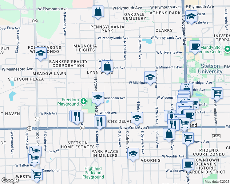 map of restaurants, bars, coffee shops, grocery stores, and more near 544 West Ohio Avenue in DeLand