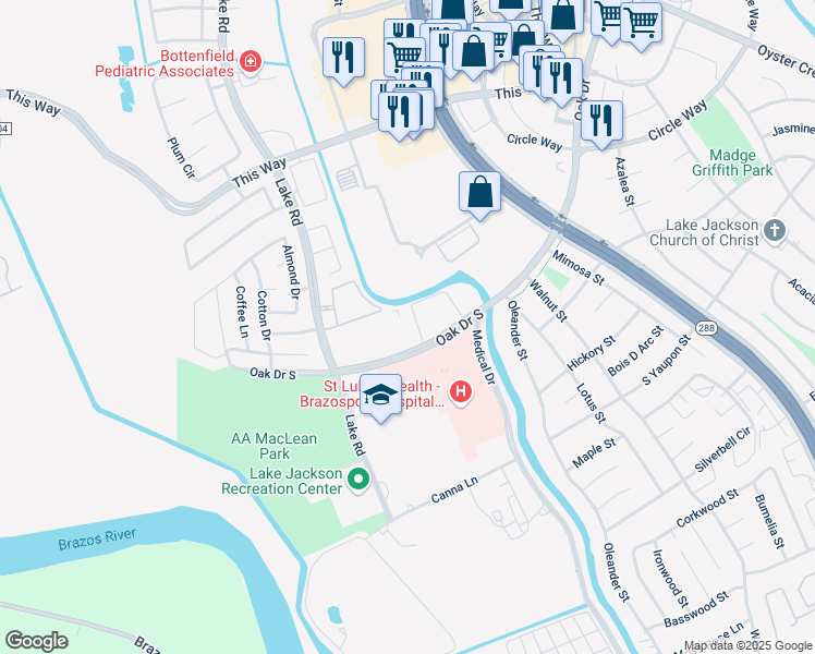 map of restaurants, bars, coffee shops, grocery stores, and more near 206 Oak Drive South in Lake Jackson