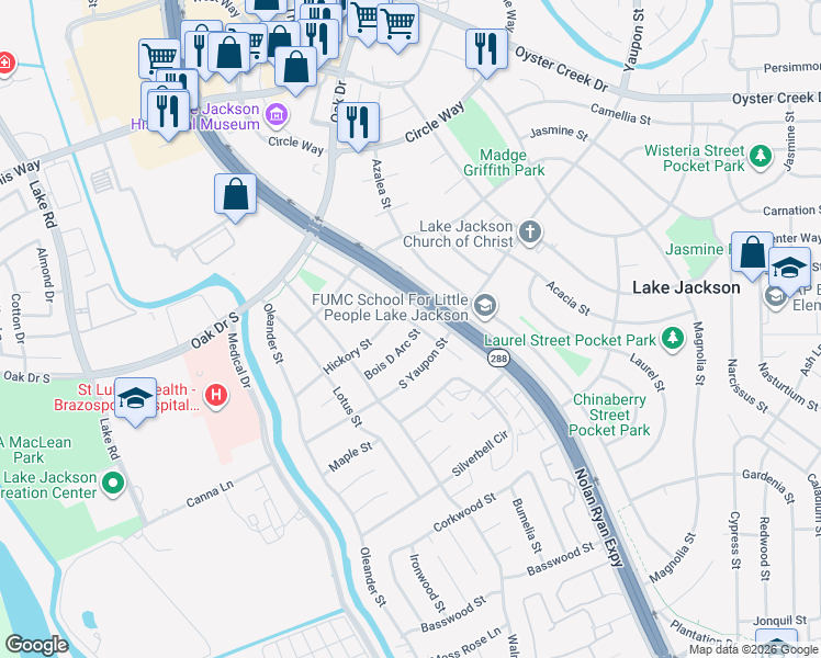 map of restaurants, bars, coffee shops, grocery stores, and more near 102 Bois D Arc Street in Lake Jackson