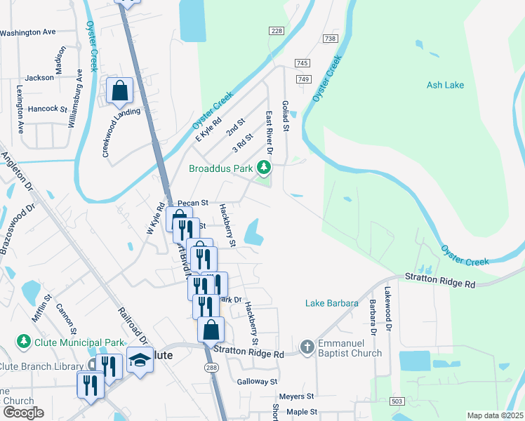 map of restaurants, bars, coffee shops, grocery stores, and more near 1265 Pecan Street in Clute