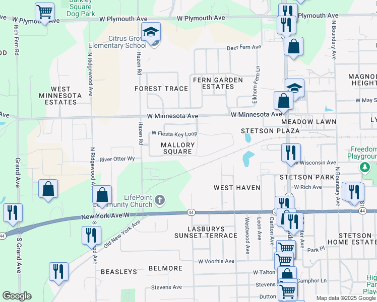 map of restaurants, bars, coffee shops, grocery stores, and more near 252 Sherri Lee Lane in DeLand