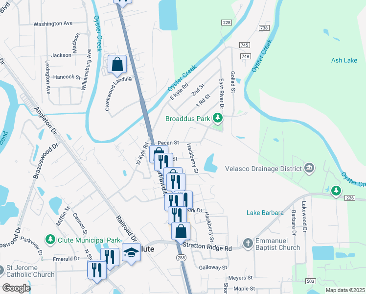 map of restaurants, bars, coffee shops, grocery stores, and more near 1157 Pecan St in Clute