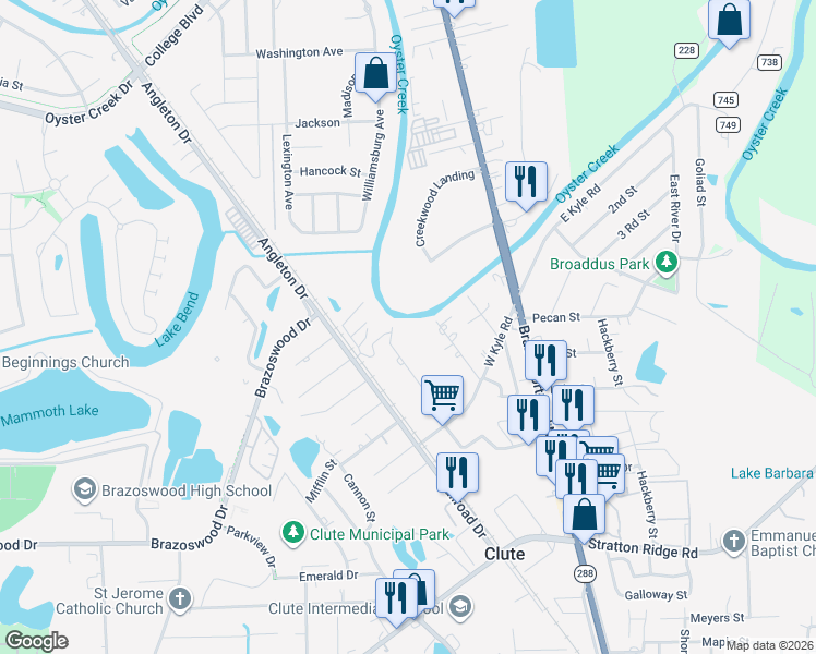 map of restaurants, bars, coffee shops, grocery stores, and more near in Clute