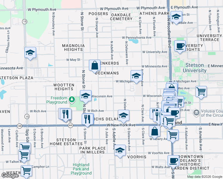 map of restaurants, bars, coffee shops, grocery stores, and more near 312 North Adelle Avenue in DeLand