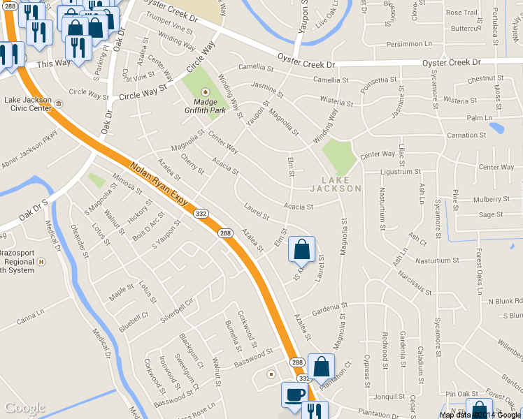 map of restaurants, bars, coffee shops, grocery stores, and more near 121 Laurel St in Lake Jackson