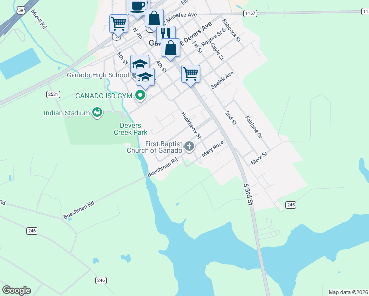 map of restaurants, bars, coffee shops, grocery stores, and more near 401 Elm Drive in Ganado