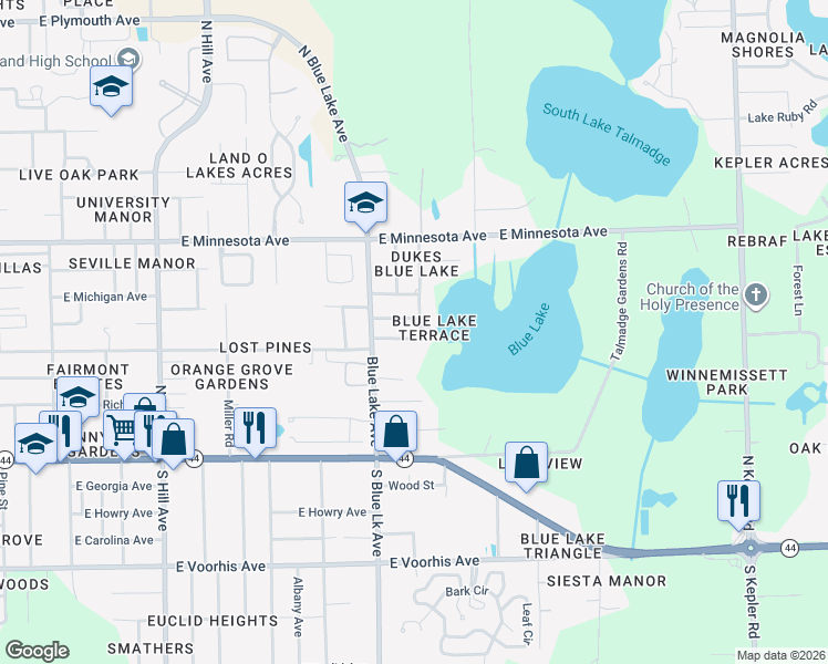 map of restaurants, bars, coffee shops, grocery stores, and more near 1451 East Wisconsin Avenue in DeLand