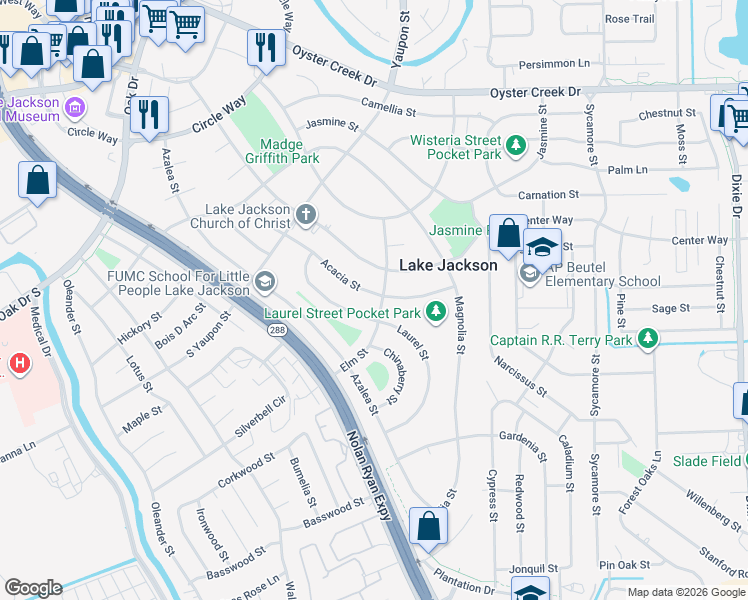 map of restaurants, bars, coffee shops, grocery stores, and more near 240 Acacia St in Lake Jackson