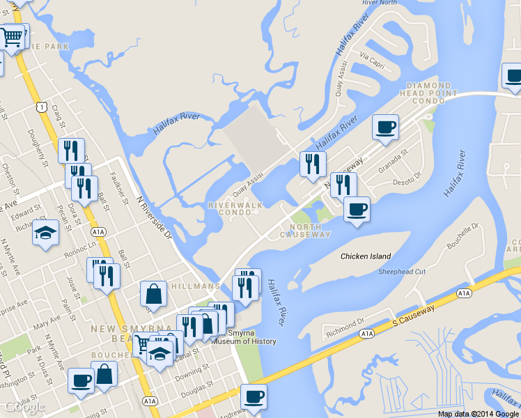map of restaurants, bars, coffee shops, grocery stores, and more near 127 Lagoon Court in New Smyrna Beach