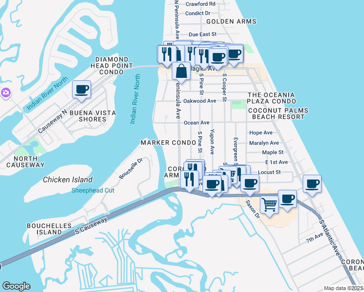 map of restaurants, bars, coffee shops, grocery stores, and more near 519 South Peninsula Avenue in New Smyrna Beach