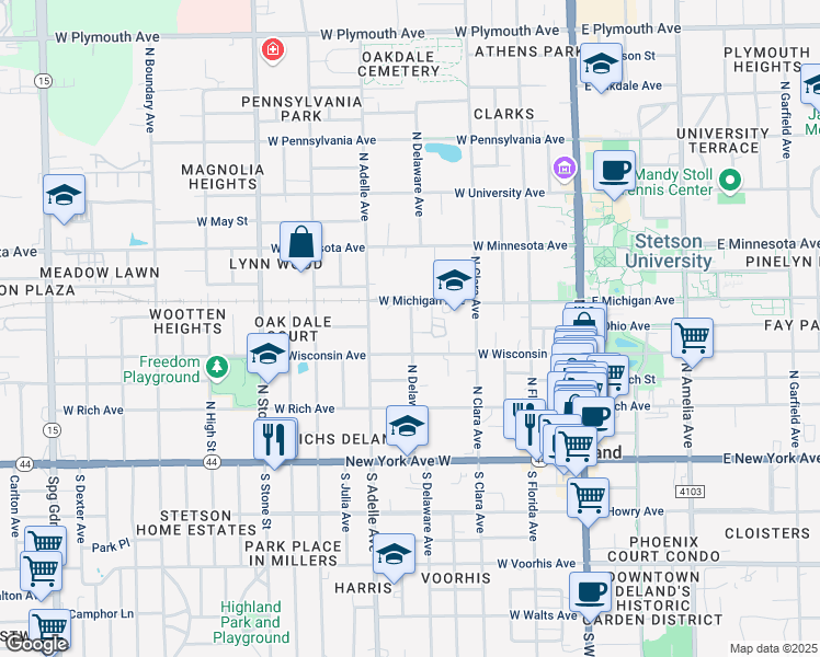 map of restaurants, bars, coffee shops, grocery stores, and more near 360 North Delaware Avenue in DeLand