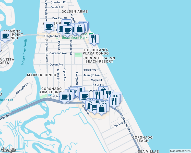 map of restaurants, bars, coffee shops, grocery stores, and more near 821 Maralyn Avenue in New Smyrna Beach