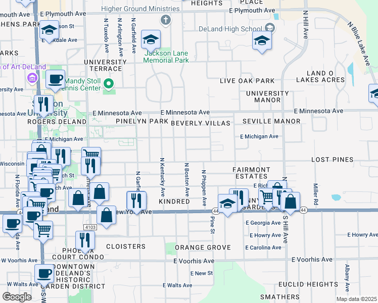 map of restaurants, bars, coffee shops, grocery stores, and more near 311 North Boston Avenue in DeLand