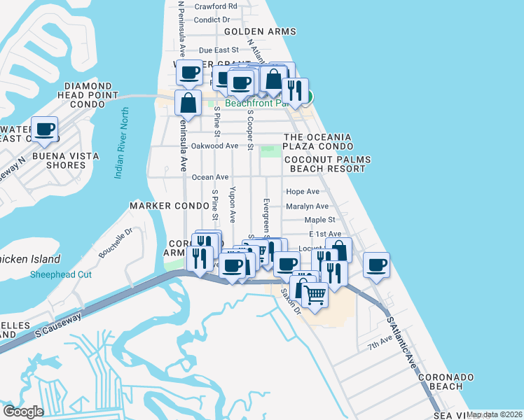 map of restaurants, bars, coffee shops, grocery stores, and more near 800 Evergreen Avenue in New Smyrna Beach