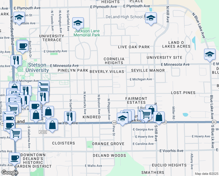 map of restaurants, bars, coffee shops, grocery stores, and more near 728 East Ohio Avenue in DeLand