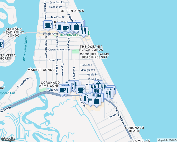 map of restaurants, bars, coffee shops, grocery stores, and more near 821 Maralyn Avenue in New Smyrna Beach