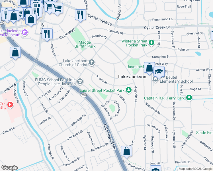map of restaurants, bars, coffee shops, grocery stores, and more near 121 Laurel Street in Lake Jackson