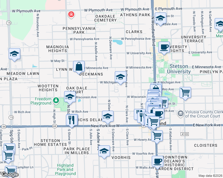 map of restaurants, bars, coffee shops, grocery stores, and more near 360 North Delaware Avenue in DeLand