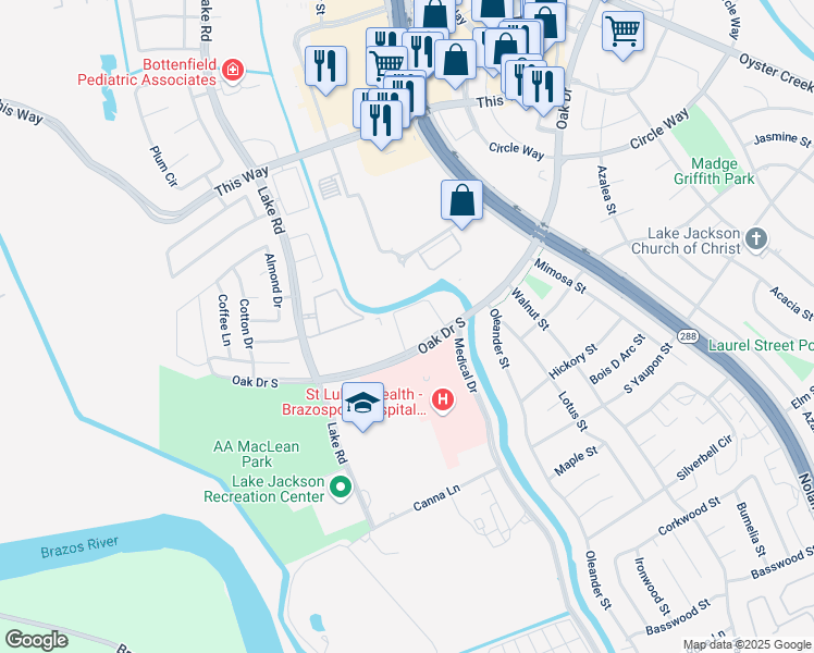 map of restaurants, bars, coffee shops, grocery stores, and more near 204 Oak Drive South in Lake Jackson