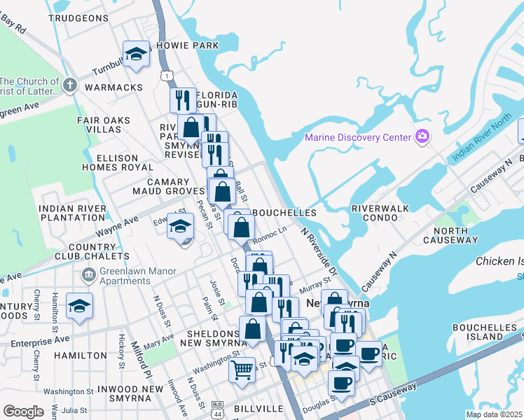map of restaurants, bars, coffee shops, grocery stores, and more near 620 Faulkner Street in New Smyrna Beach
