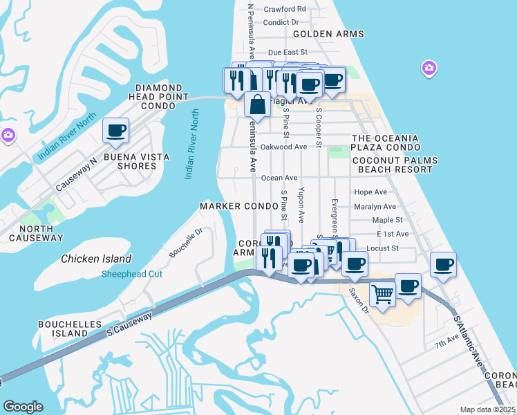 map of restaurants, bars, coffee shops, grocery stores, and more near 517 South Peninsula Avenue in New Smyrna Beach