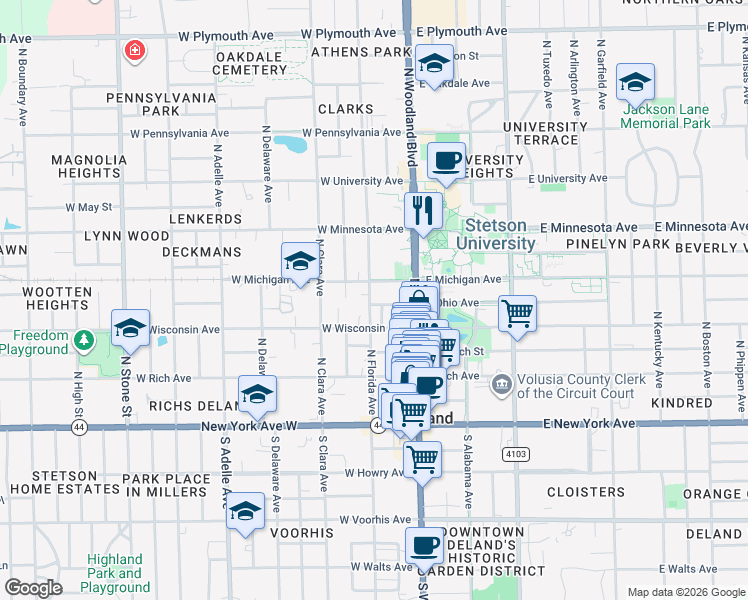 map of restaurants, bars, coffee shops, grocery stores, and more near 325 North Florida Avenue in DeLand