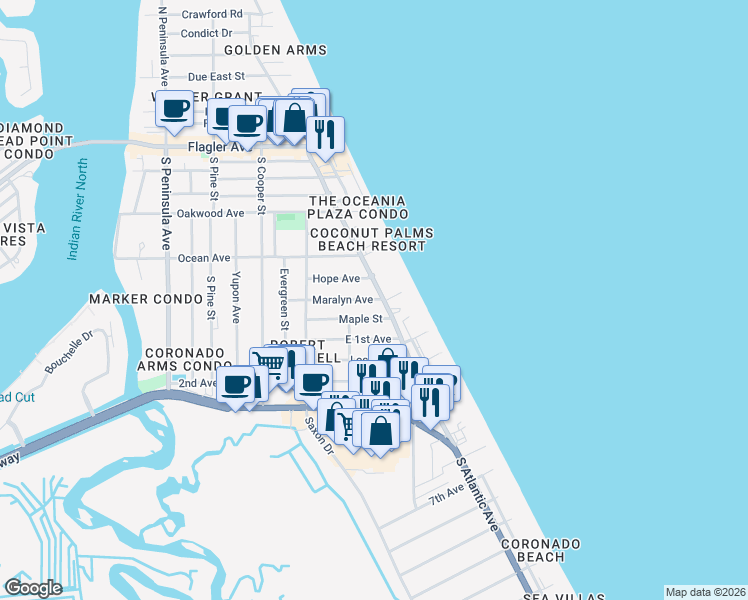 map of restaurants, bars, coffee shops, grocery stores, and more near 918 Maple Street in New Smyrna Beach