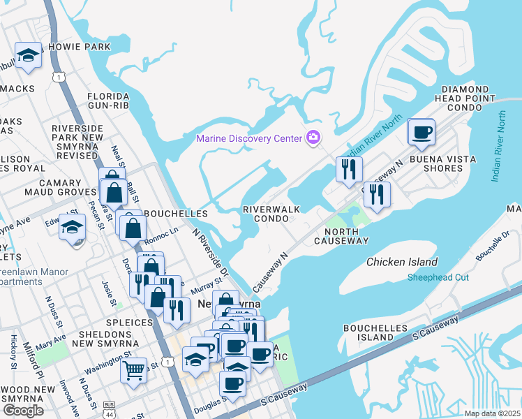 map of restaurants, bars, coffee shops, grocery stores, and more near 48 Jacaranda Cay Court in New Smyrna Beach