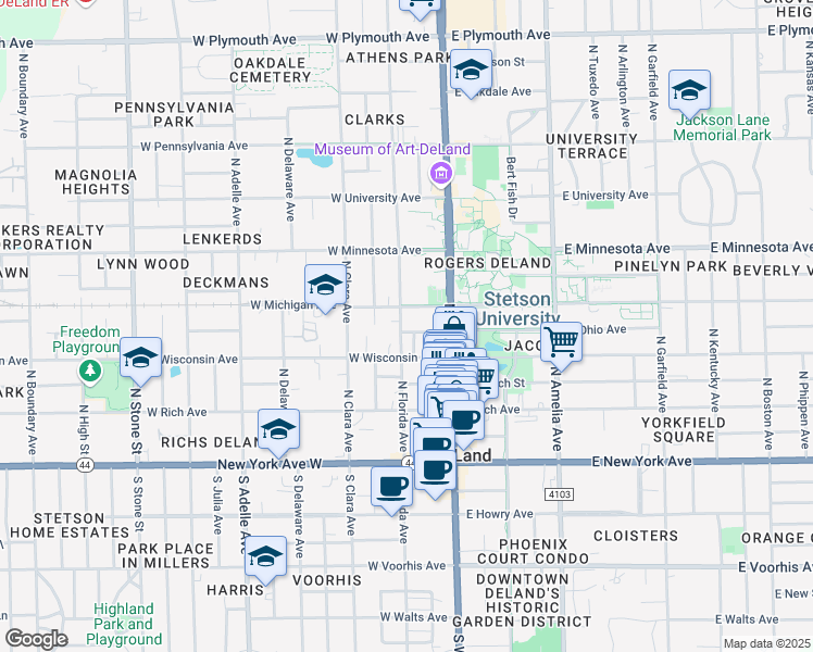 map of restaurants, bars, coffee shops, grocery stores, and more near in DeLand