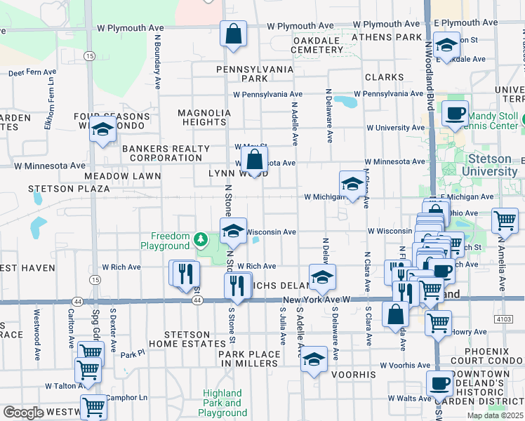 map of restaurants, bars, coffee shops, grocery stores, and more near 544 West Ohio Avenue in DeLand