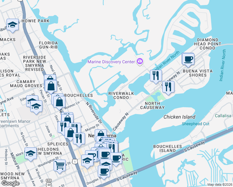 map of restaurants, bars, coffee shops, grocery stores, and more near 48 Jacaranda Cay Court in New Smyrna Beach