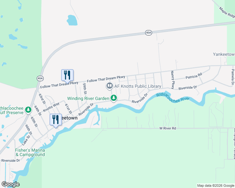 map of restaurants, bars, coffee shops, grocery stores, and more near 5506 Riverside Drive in Yankeetown