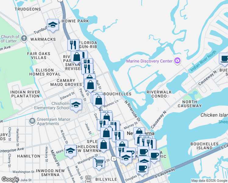 map of restaurants, bars, coffee shops, grocery stores, and more near 620 North Riverside Drive in New Smyrna Beach