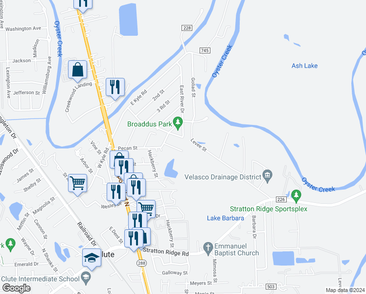 map of restaurants, bars, coffee shops, grocery stores, and more near 1265 Pecan Street in Clute
