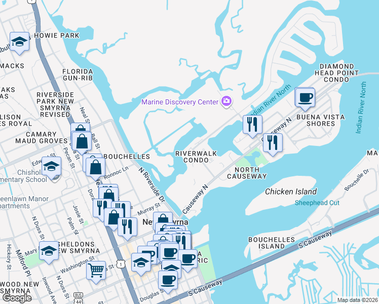 map of restaurants, bars, coffee shops, grocery stores, and more near 89 Heather Point Court in New Smyrna Beach
