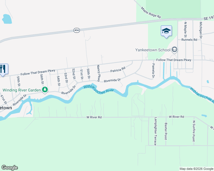 map of restaurants, bars, coffee shops, grocery stores, and more near 4809 Riverside Drive in Yankeetown