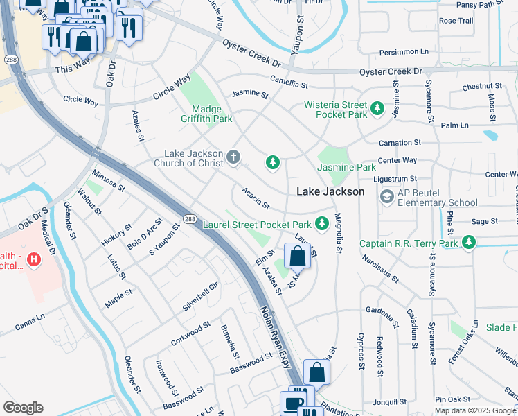 map of restaurants, bars, coffee shops, grocery stores, and more near 121 Laurel Street in Lake Jackson