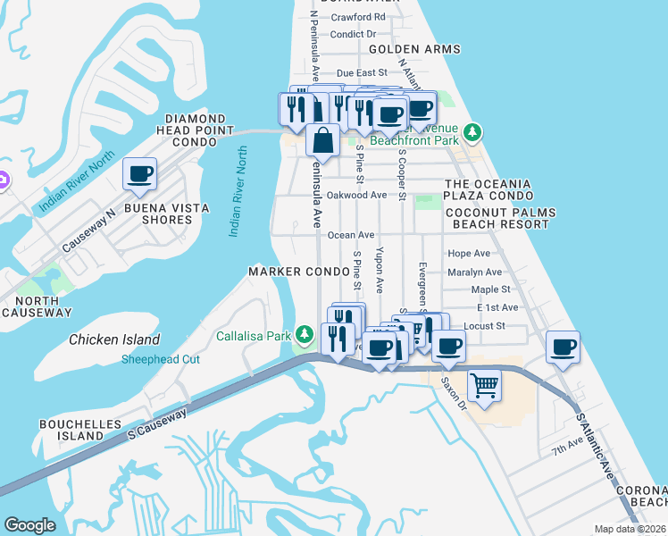 map of restaurants, bars, coffee shops, grocery stores, and more near 519 South Peninsula Avenue in New Smyrna Beach