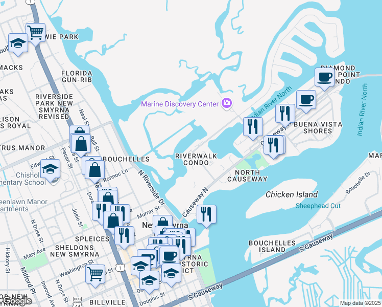 map of restaurants, bars, coffee shops, grocery stores, and more near 48 Jacaranda Cay Court in New Smyrna Beach