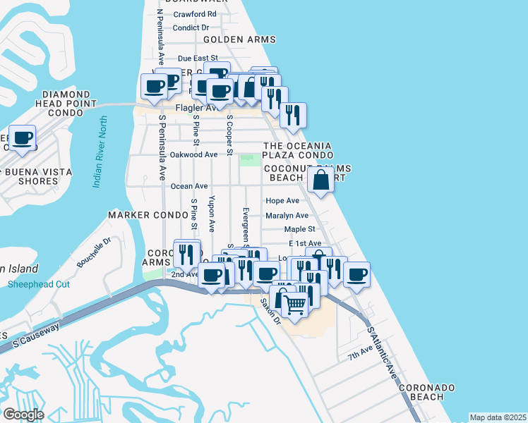 map of restaurants, bars, coffee shops, grocery stores, and more near 803 Maralyn Avenue in New Smyrna Beach