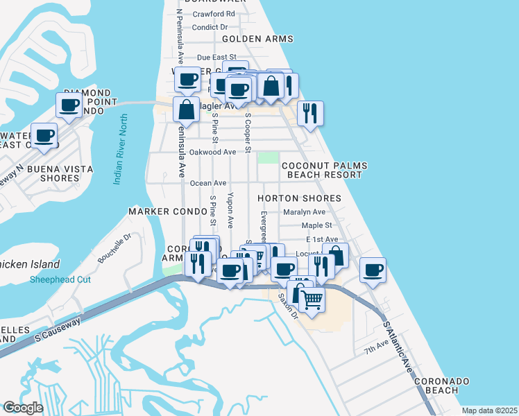 map of restaurants, bars, coffee shops, grocery stores, and more near 716 Evergreen Street in New Smyrna Beach