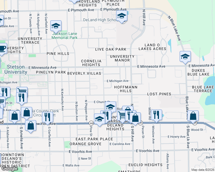 map of restaurants, bars, coffee shops, grocery stores, and more near 904 East Ohio Avenue in DeLand