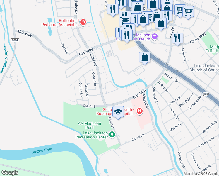 map of restaurants, bars, coffee shops, grocery stores, and more near 110 Lake Road in Lake Jackson