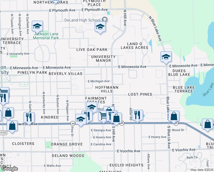 map of restaurants, bars, coffee shops, grocery stores, and more near 1077 Shady Hollow Drive in DeLand