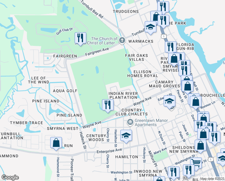 map of restaurants, bars, coffee shops, grocery stores, and more near 40 Fairway Circle in New Smyrna Beach